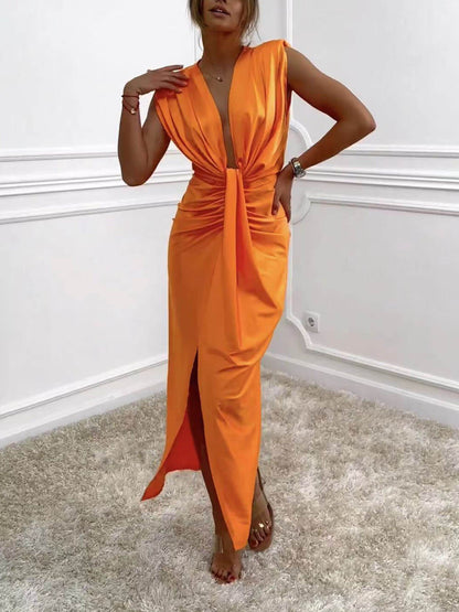 V-Neck Ruched Drape Slit Classic Dress