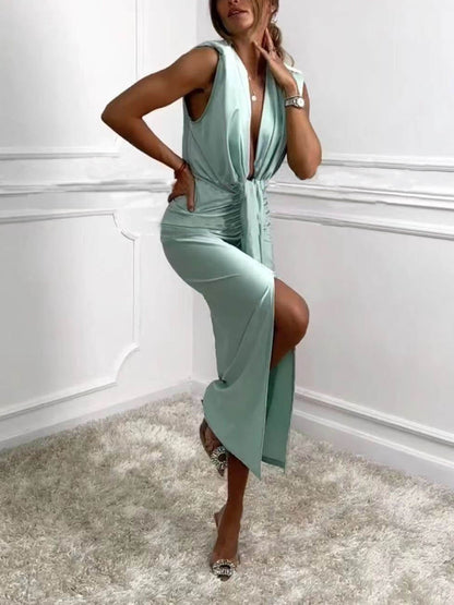 V-Neck Ruched Drape Slit Classic Dress