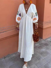 Floral Print V-Neck Lantern Sleeves Backless Dress