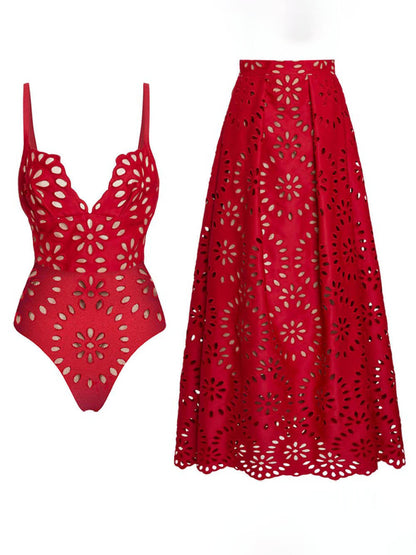 Elegant Cutout Swimsuit and Skirt Set