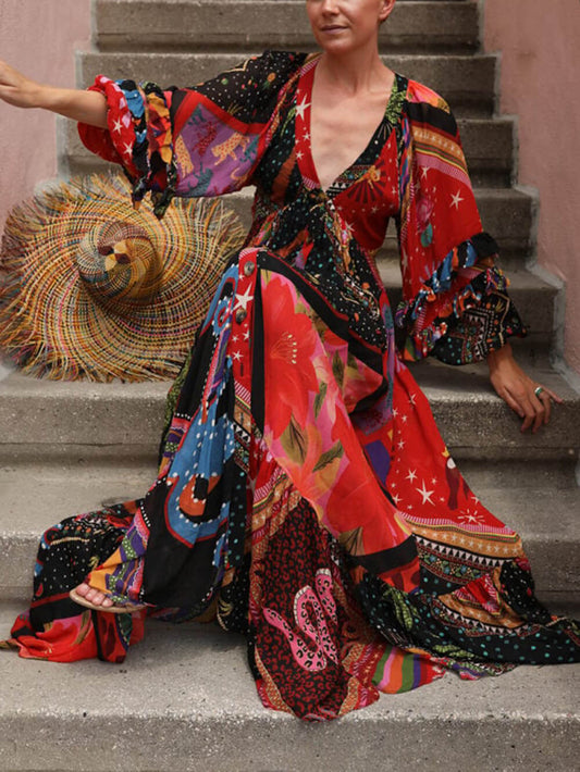 V-Neck Long Sleeve Bohemian Printed Dress