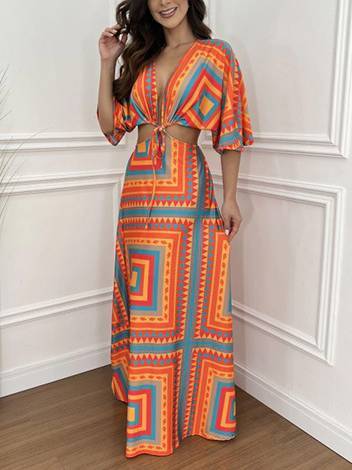 Half Sleeve Batwing Waist-Tied Maxi Dress