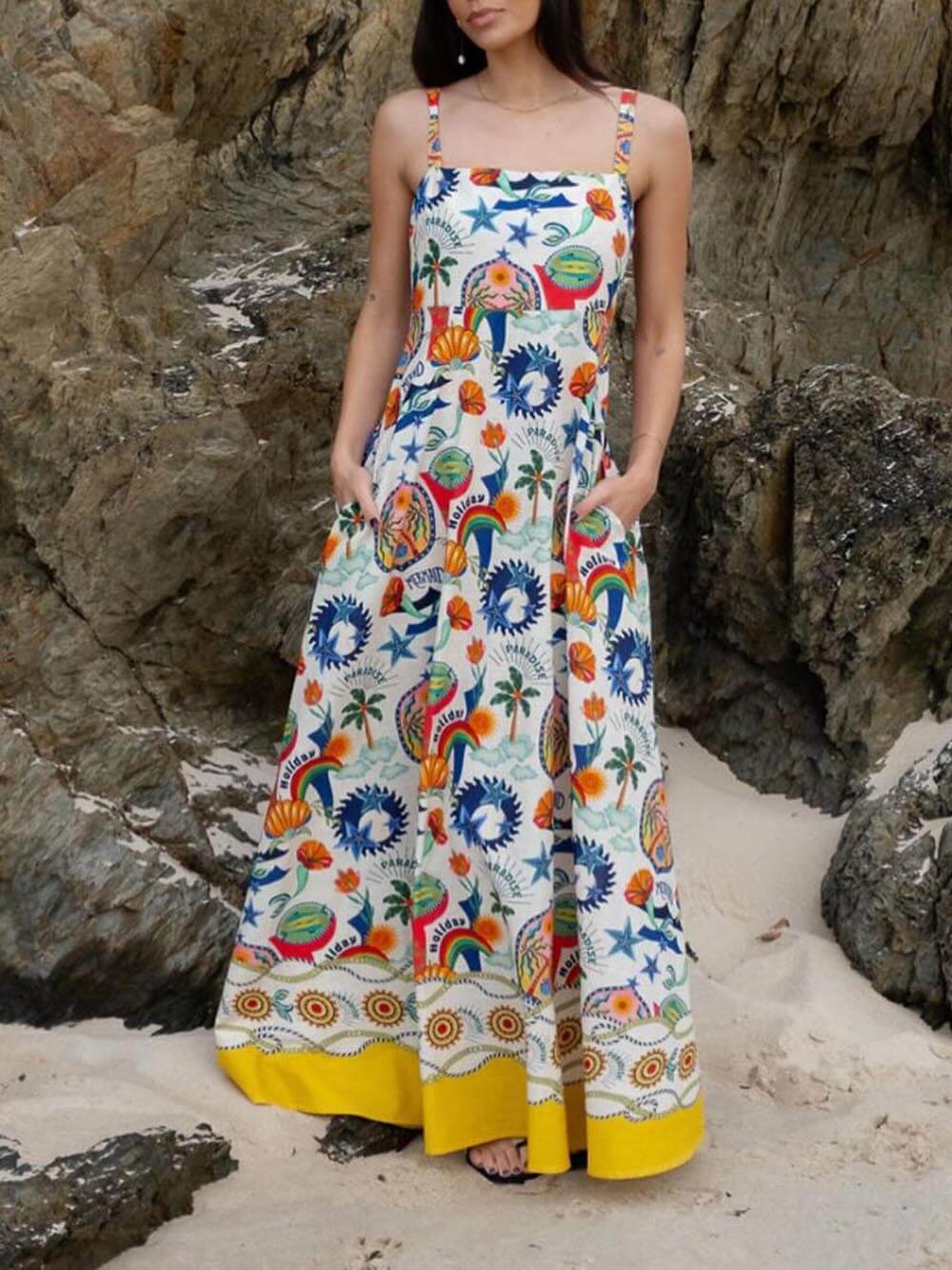Trendy Graffiti Print Sleeveless Flared Dress