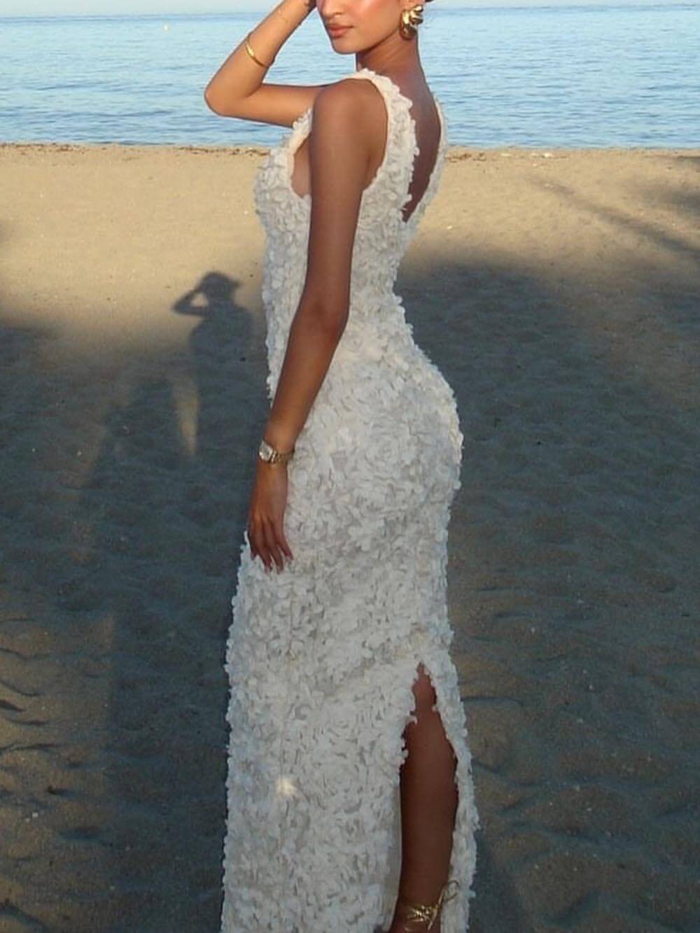 Floral Applique Deep V Neck Dress