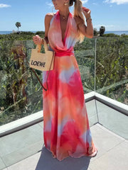 Floral Backless Halter Tie Maxi Dress