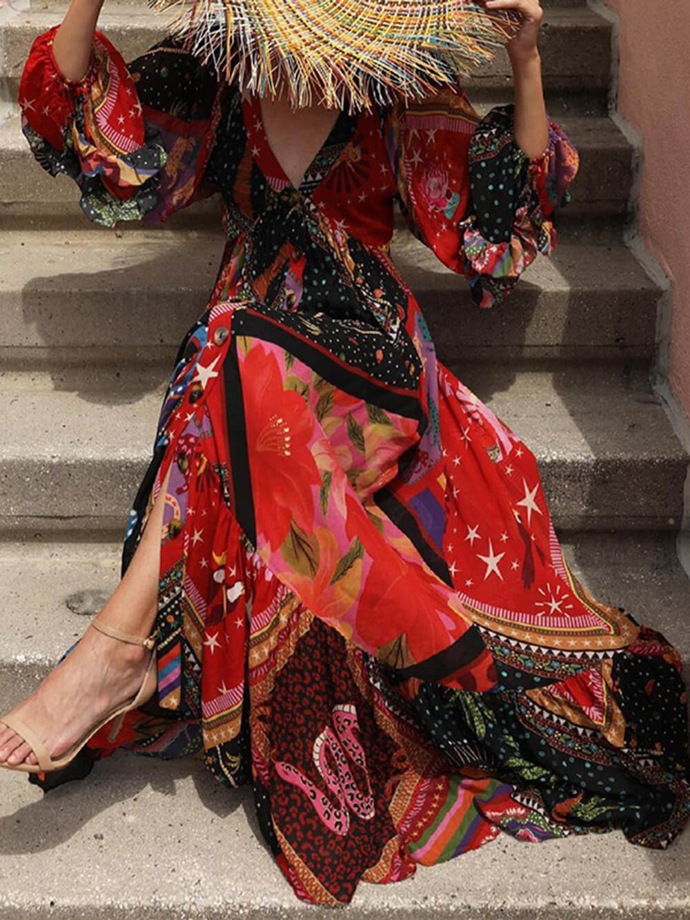V-Neck Long Sleeve Bohemian Printed Dress