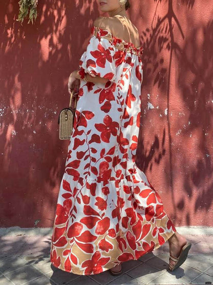 Casual Floral Print Off-Shoulder Puff Sleeve Dress