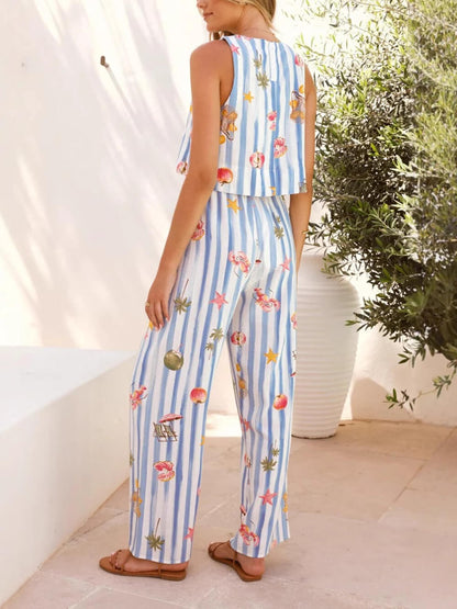 Linen Fruit Print Striped Set