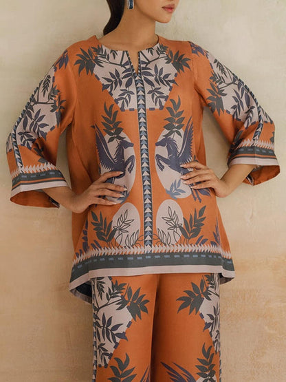 Floral Print Contrast Stitch Wide-Leg Pants