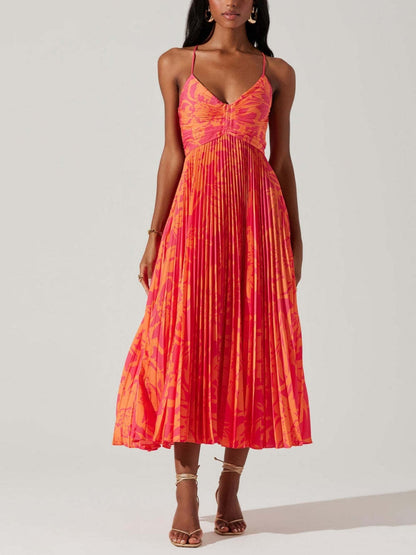 Floral Print Pleated Elegant Midi Dress