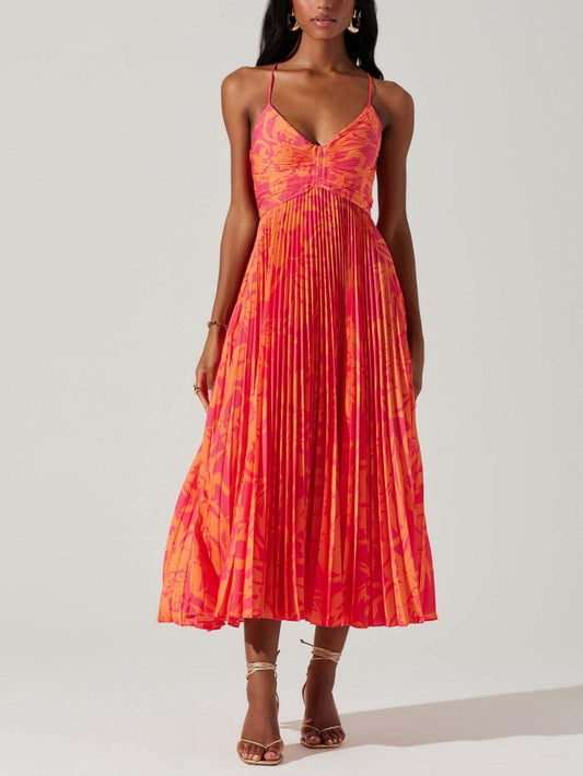 Floral Print Pleated Elegant Midi Dress
