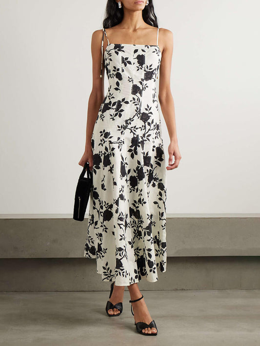 Elegant Floral-Print Linen Cotton-Blend Midi Dress