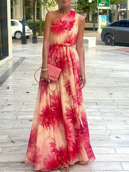 Asymmetric Waist-Cinched Tie-Back Floral Dress