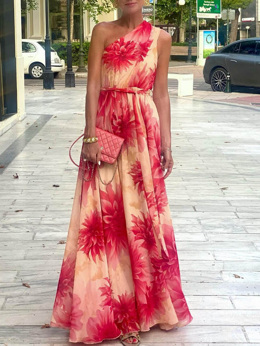 Asymmetric Waist-Cinched Tie-Back Floral Dress