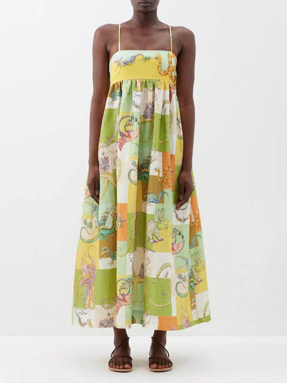 Sleeveless High-Waist Floral Painted Flared Cami Dress
