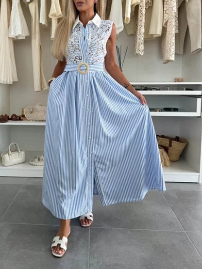Fashion Collared Lace Hollow Stripe Casual Long Dress
