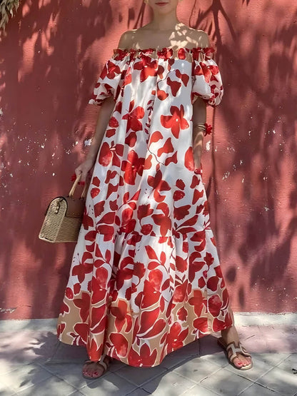 Casual Floral Print Off-Shoulder Puff Sleeve Dress