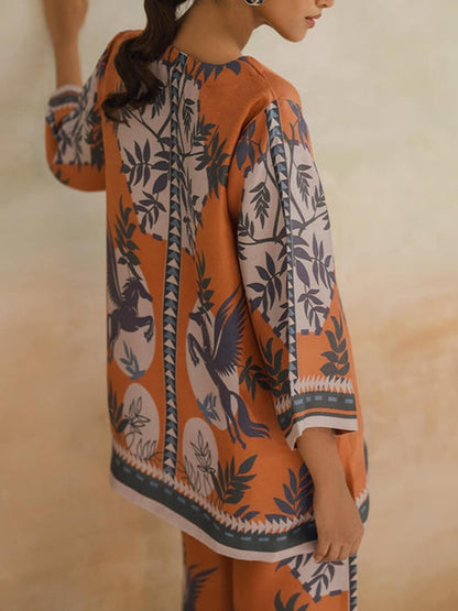 Floral Print Contrast Stitch Wide-Leg Pants