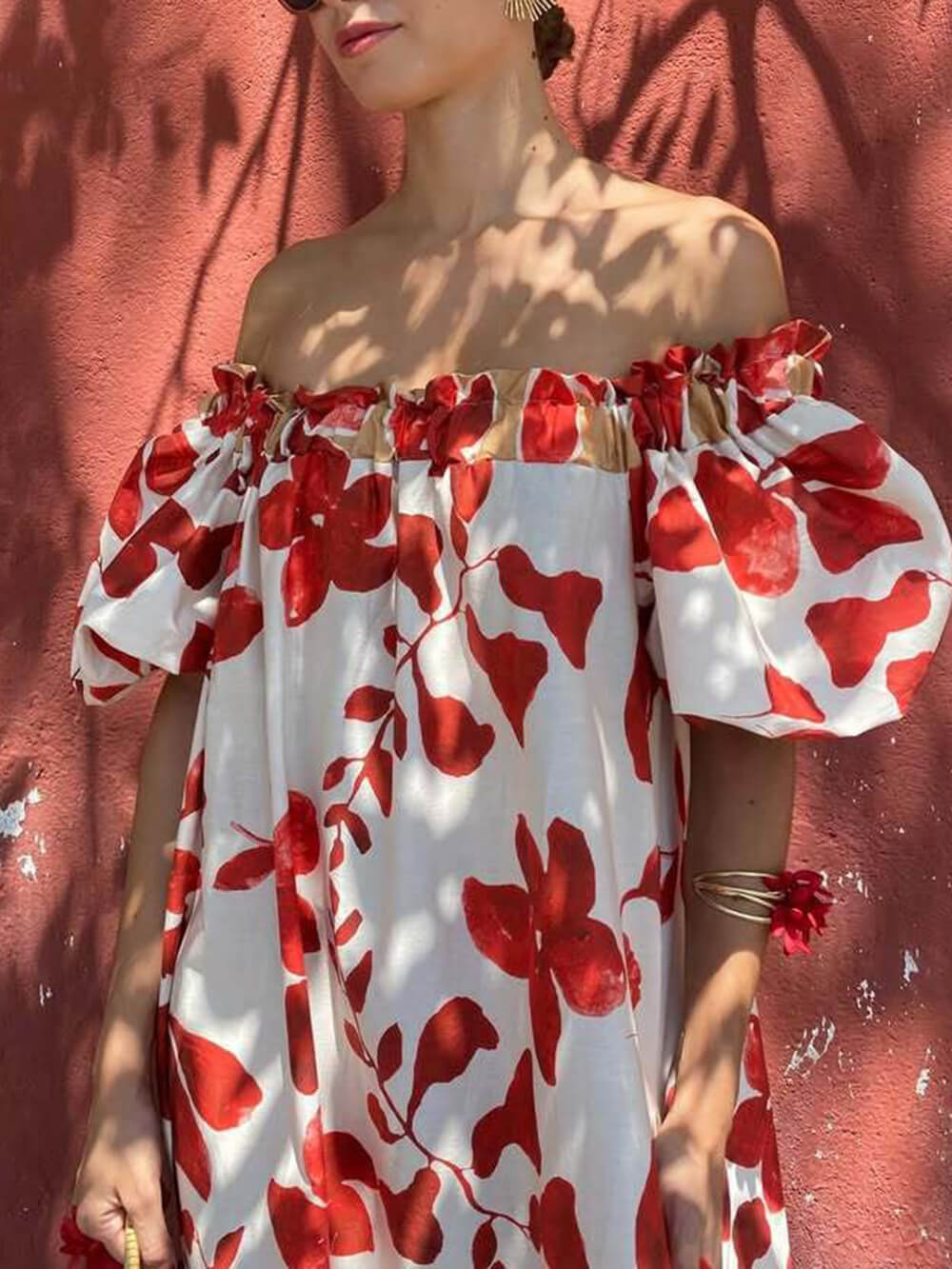 Casual Floral Print Off-Shoulder Puff Sleeve Dress