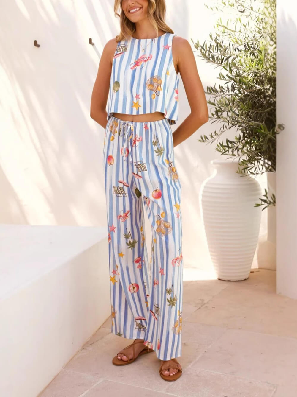 Linen Fruit Print Striped Set