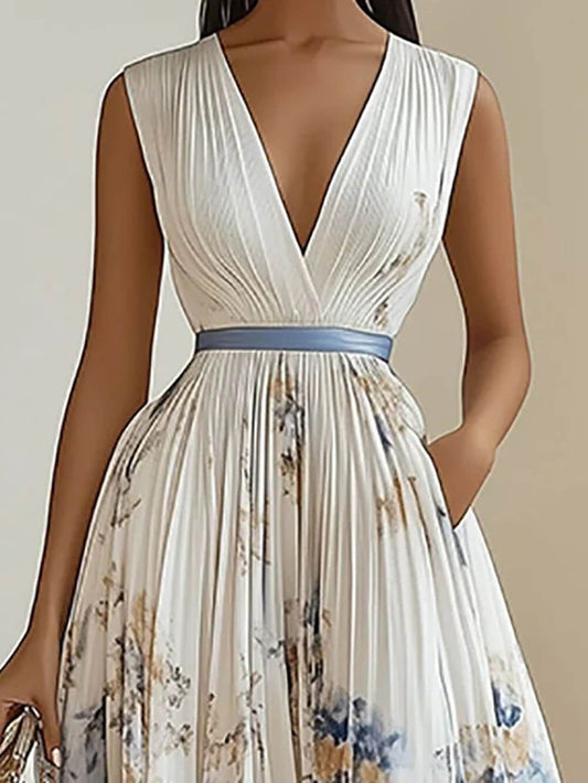 Digital Print Pleated V-Neck Sleeveless Maxi Dress