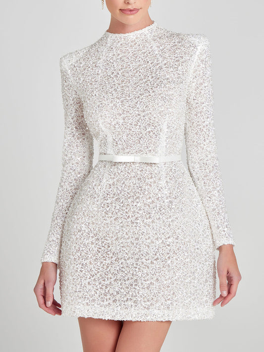 Pearl-Embellished Mesh Bow High-Neck Elegant Mini Dress