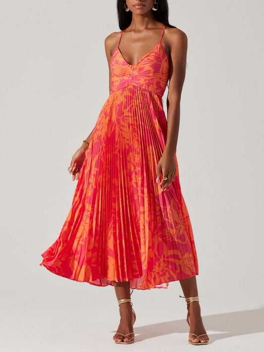 Floral Print Pleated Elegant Midi Dress
