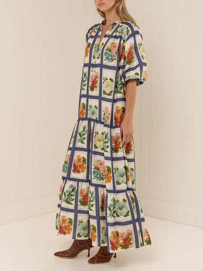 V-Neck Casual Linen Floral Tie Maxi Dress