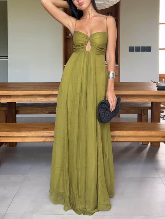 Metal Hollow Back Smocked A-line Slip Dress