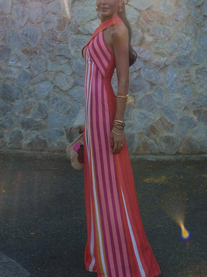 Cross Halter Sleeveless Fitted Striped Maxi Dress