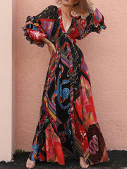 V-Neck Long Sleeve Bohemian Printed Dress