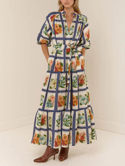 V-Neck Casual Linen Floral Tie Maxi Dress