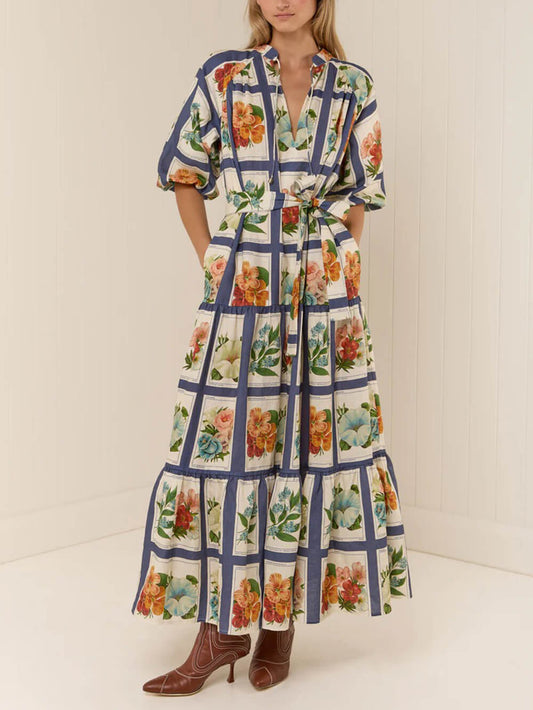 V-Neck Casual Linen Floral Tie Maxi Dress
