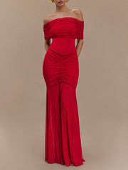 Exquisite Alluring Off-Shoulder Mesh Ruched Bodycon Maxi Dress