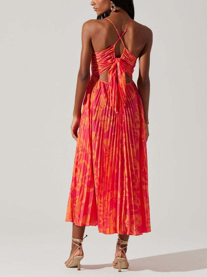 Floral Print Pleated Elegant Midi Dress