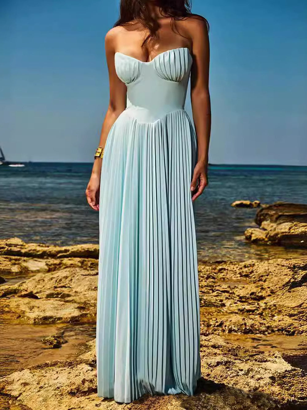 Pleated Strapless Maxi Dress