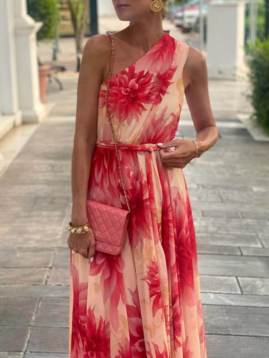 Asymmetric Waist-Cinched Tie-Back Floral Dress