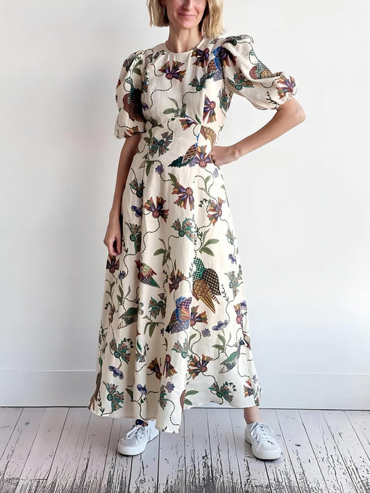 Trendy Bird Print Fitted Dress