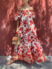 Casual Floral Print Off-Shoulder Puff Sleeve Dress