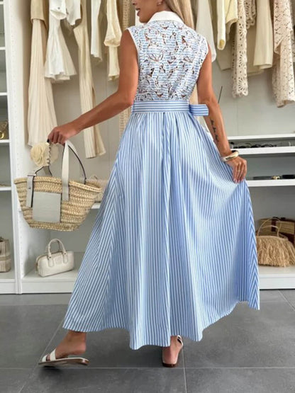 Fashion Collared Lace Hollow Stripe Casual Long Dress