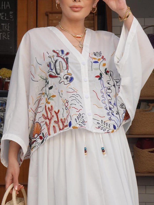 Embroidered Print Button Shirt