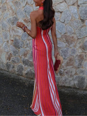 Cross Halter Sleeveless Fitted Striped Maxi Dress