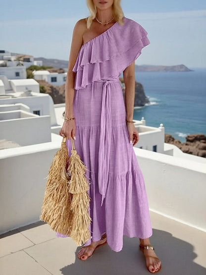 Asymmetrical Neck Ruffle Belted Dress