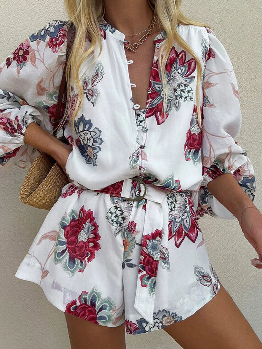 Floral Print Lace-Up Linen Jumpsuit