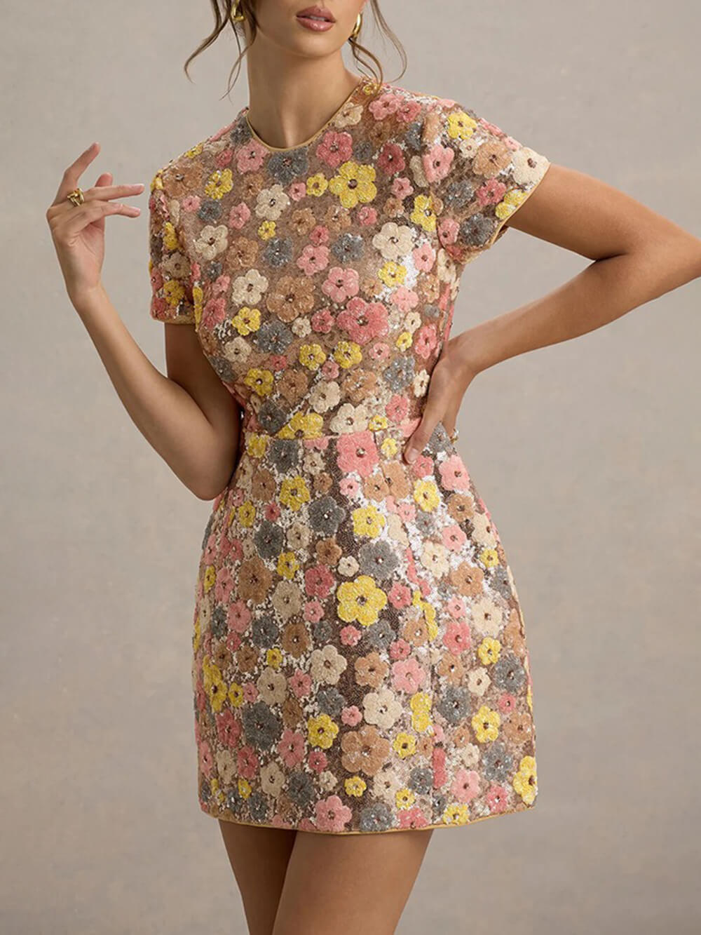Short Sleeve Sequin Round Neck Dress