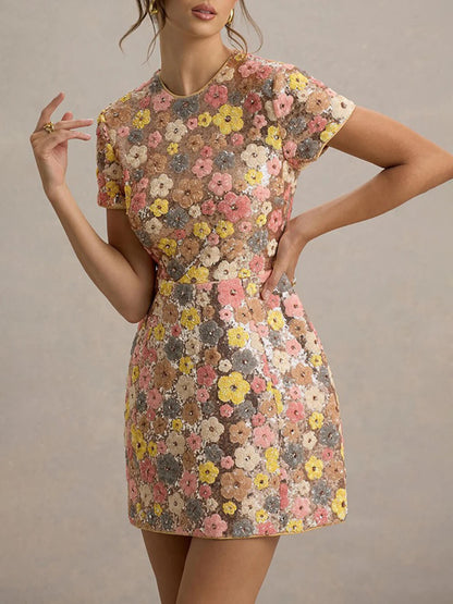 Short Sleeve Sequin Round Neck Dress