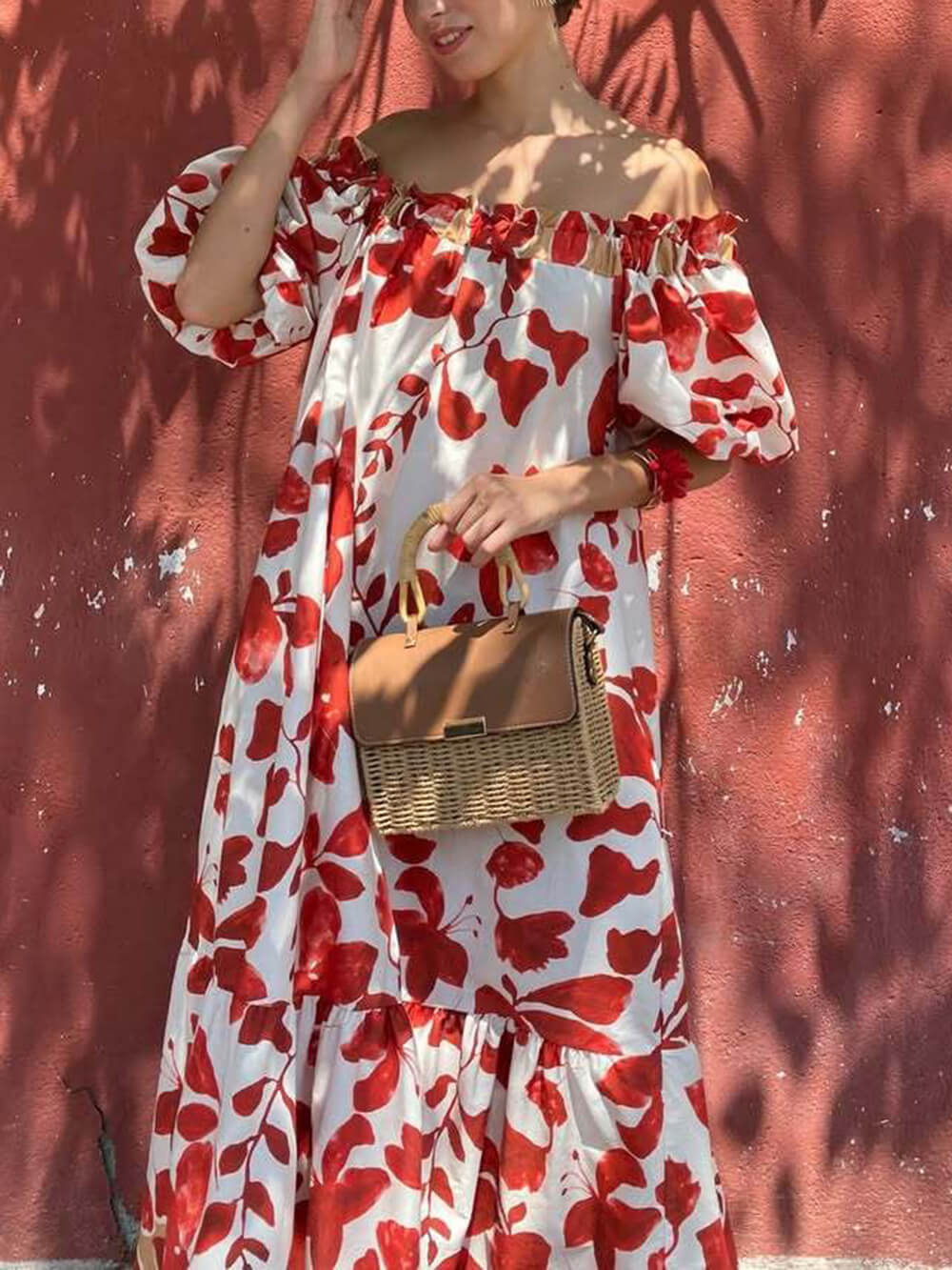 Casual Floral Print Off-Shoulder Puff Sleeve Dress