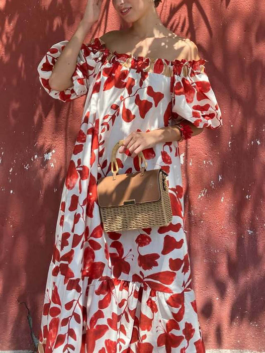 Casual Floral Print Off-Shoulder Puff Sleeve Dress