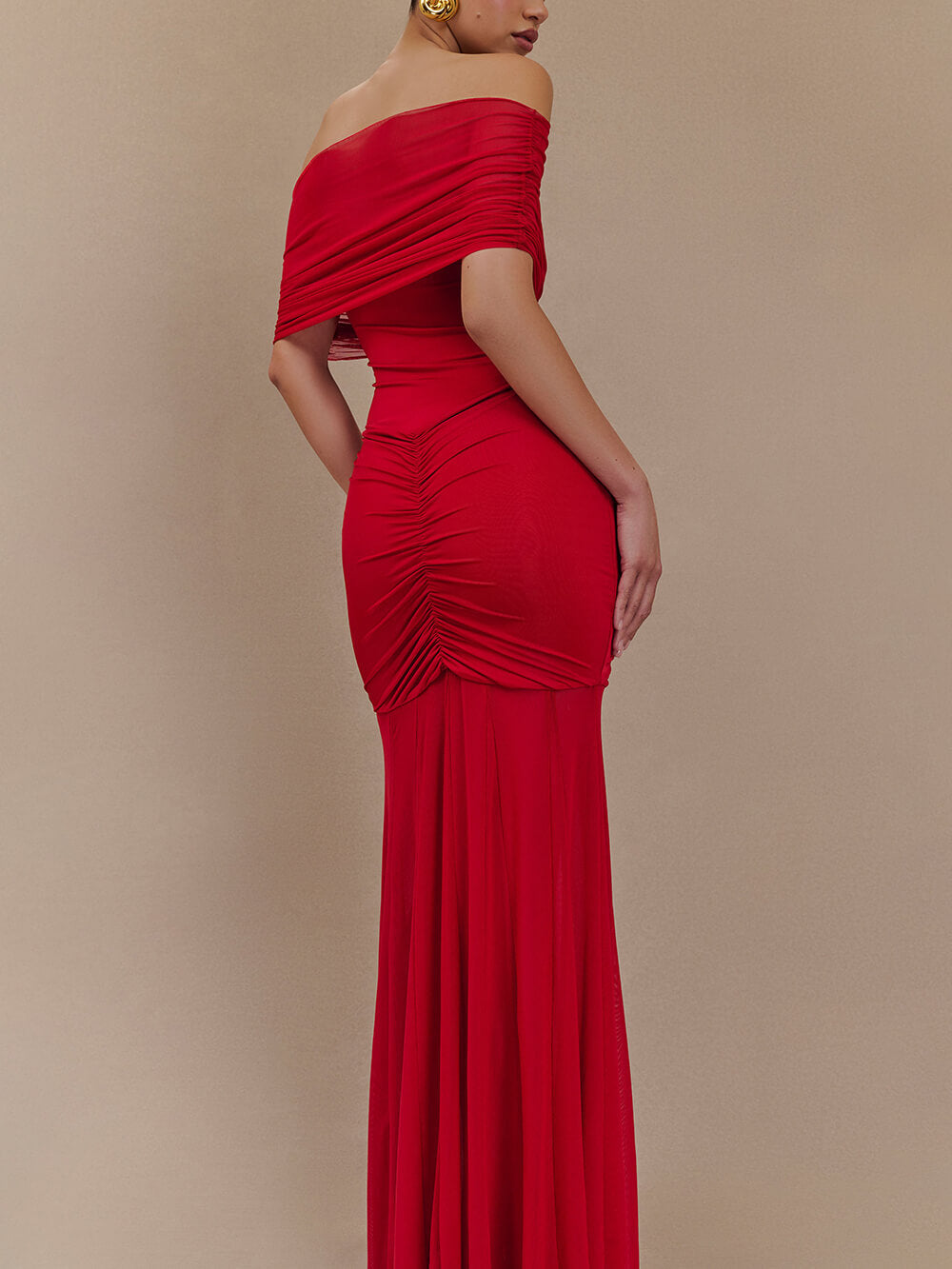 Exquisite Alluring Off-Shoulder Mesh Ruched Bodycon Maxi Dress