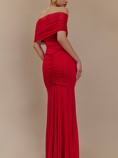 Exquisite Alluring Off-Shoulder Mesh Ruched Bodycon Maxi Dress